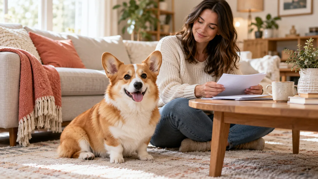 Owner reading papers at a low table beside a short-legged brown-and-white dog